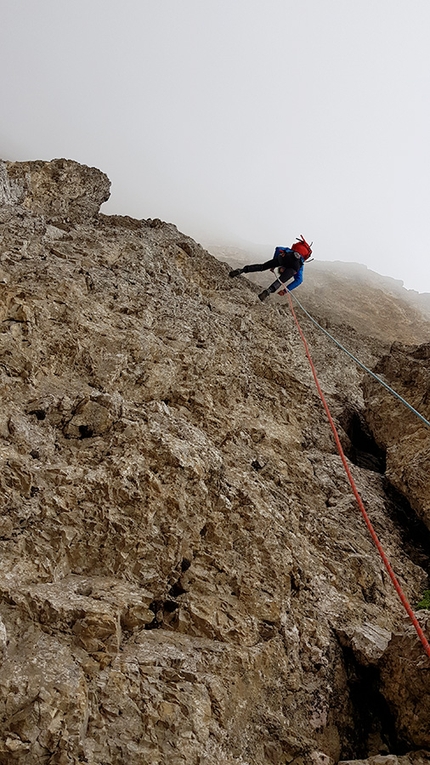 Torri del Vajolet, Catinaccio, Dolomiti - L'apertura di Dos Cervezas alla Torre Delago, Torri del Vajolet, Catinaccio (Johannes Egger, Stefan Plank, Paul Mair, Max Renner, 2019)