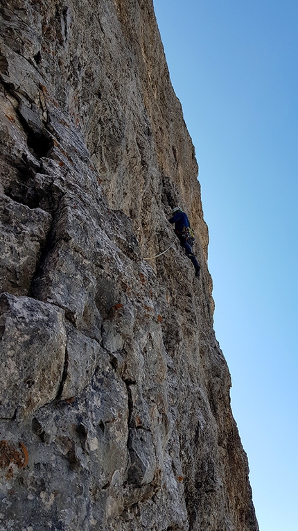 Torri del Vajolet, Catinaccio, Dolomiti - L'apertura di Dos Cervezas alla Torre Delago, Torri del Vajolet, Catinaccio (Johannes Egger, Stefan Plank, Paul Mair, Max Renner, 2019)