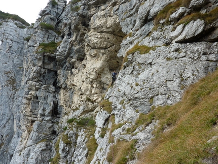 Via dei Camorzieri, Monti del Sole, Dolomiti Bellunesi, Beppe Ballico, Saverio De Toffol - Sul lungo traverso L8 di Via dei Camorzieri, Monti del Sole, Dolomiti Bellunesi