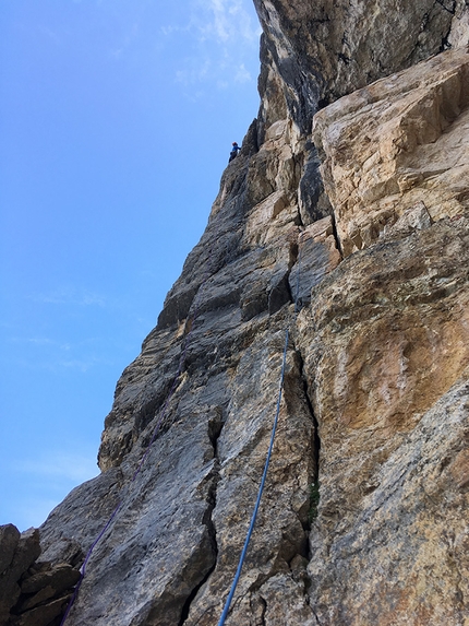 Piz de Lavarella, Dolomites - Lavarella west Face, Dolomites: Tobias Engl and Florian Huber making the first ascent of Dolasilla