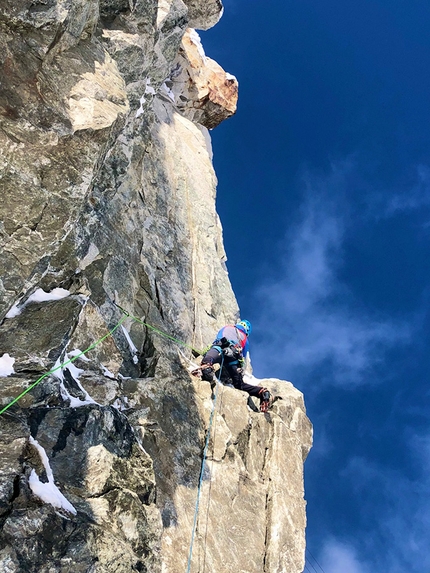Grand Flambeau Monte Bianco, Ezio Marlier - Ezio Marlier sul Grand Flambeau (Monte Bianco) durante l'apertura di Il Vecio insieme a Luigi Santini il 01/11/2019