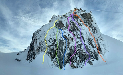Grand Flambeau Monte Bianco, Enrico Bonino, Jon Bracey - Grand Flambeau (Monte Bianco): Monia mena (giallo), Ginogigio (verde), Sexocet (azzurro), Il vecio (fuchsia), Dihedral Frutti di mare (viola), Cuori di ghiaccio (rosso)