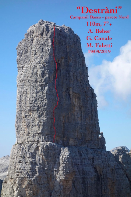 Campanile Basso, Dolomiti di Brenta, Alessandro Beber, Gianni Canale, Matteo Faletti Destràni - La linea di Destràni sul Campanile Basso, Dolomiti di Brenta, aperta da Alessandro Beber, Gianni Canale e Matteo Faletti