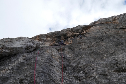 Campanile Basso, Brenta Dolomites, Alessandro Beber, Gianni Canale, Matteo Faletti - Gianni Canale climbing pitch 2 of Destràni, Campanile Basso, Brenta Dolomites