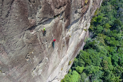 Tioman Island, Dragon Horns, Malaysia - Jonas Wallin and David Kaszlikowski climbing pitch 5 (6c+) of Blood, Sweat and Fear up Mystery Wall at the Dragon Horns on Tioman Island, Malaysia