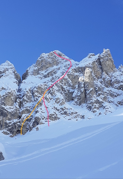 Cima Mugoni Catinaccio, Dolomiti, Lorenzo Battisti, Stefano Tononi - Cima Mugoni parete nord, Catinaccio, Dolomiti. In rosso la salita, in arancio la discesa di Lorenzo Battisti e Stefano Tononi