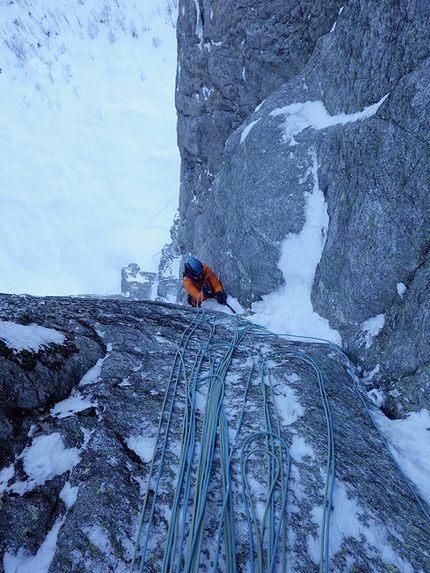 Val Bregaglia, Switzerland - Natascha Knecht making the first ascent of Un poco Mondo up Al Balzet, Val Bregaglia, Switzerland, with Marcel Schenk (14/12/2019)