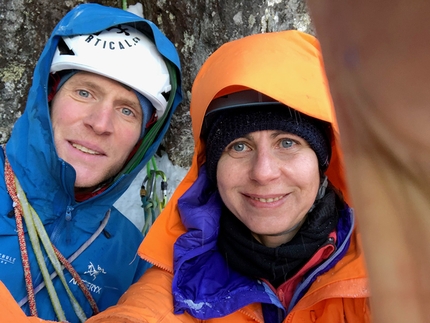 Val Bregaglia, Switzerland - Marcel Schenk and Natascha Knecht making the first ascent of Un poco Mondo up Al Balzet, Val Bregaglia, Switzerland (14/12/2019)