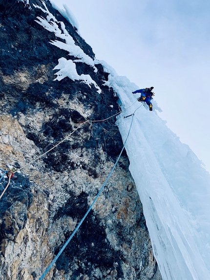 Pordoi Dolomites, Simon Gietl, Vittorio Messini - Vittorio Messini climbing the second ice pitch during the first ascent of Pandora on Pordoi, Dolomites, with Simon Gietl