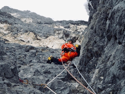 Pordoi Dolomites, Simon Gietl, Vittorio Messini - Simon Gietl dealing with the lower section of Pandora on Pordoi, Dolomites, with Vittorio Messini