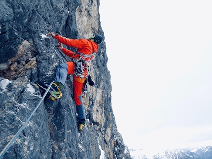 Pordoi Dolomites, Simon Gietl, Vittorio Messini - Simon Gietl dealing with the lower section of Pandora on Pordoi, Dolomites, with Vittorio Messini