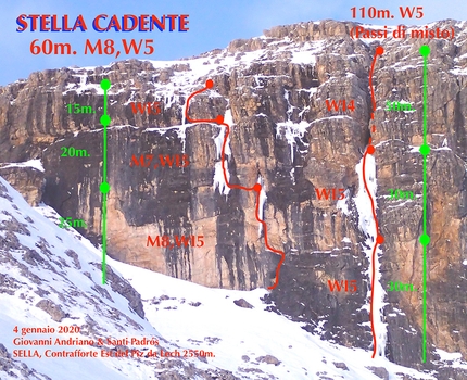 Piz da Lech Dolomiti - Il tracciato di Stella Cadente, Piz da Lech (gruppo del Sella), Dolomiti (Giovanni Andriano, Santiago Padrós 04/01/2020)