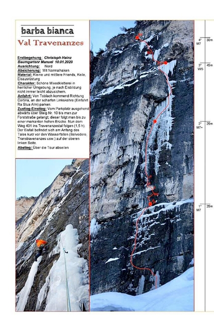 Val Travenanzes Dolomites - The topo of Barba Bianca in Val Travenanzes, Dolomites, first ascended by Christoph Hainz and Manuel Baumgartner on 10/01/2019