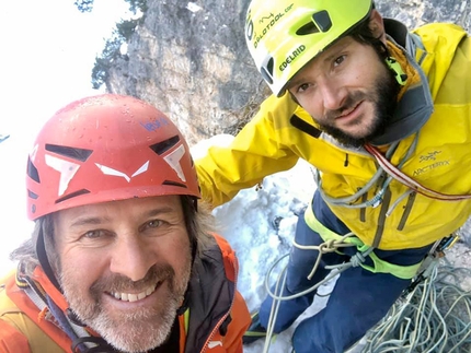 Val Travenanzes Dolomites - Christoph Hainz and Manuel Baumgartner making the first ascent of Barba Bianca in Val Travenanzes, Dolomites (10/01/2019)