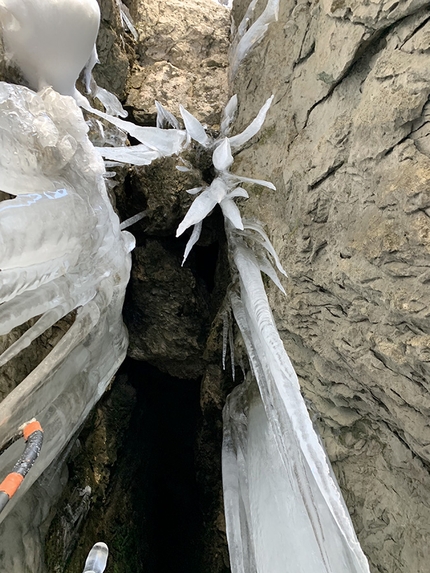 Mur del Pisciadù, Sella, Dolomiti - Passaggio interessante durante l'apertura di Kami(n)kaze sul Mur del Pisciadù, Sella, Dolomiti