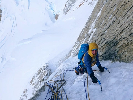 Cerro Piergiorgio Patagonia - Giovanni Zaccaria making the first ascent of Scrumble de Manzana with Alessandro Baù up Cerro Piergiorgio in Patagonia, January 2020