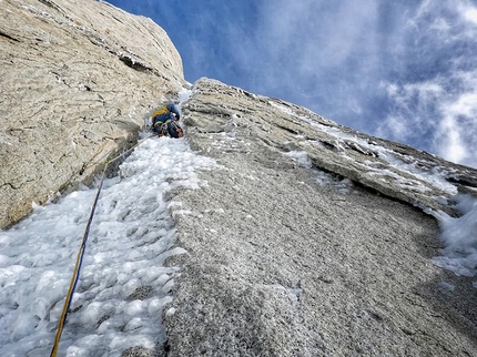 Cerro Piergiorgio Patagonia - Giovanni Zaccaria making the first ascent of Scrumble de Manzana with Alessandro Baù up Cerro Piergiorgio in Patagonia, January 2020