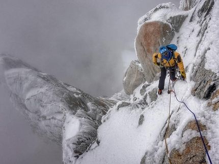 Cerro Piergiorgio Patagonia - Alessandro Baù making the first ascent of Scrumble de Manzana with Giovanni Zaccaria up Cerro Piergiorgio in Patagonia, January 2020