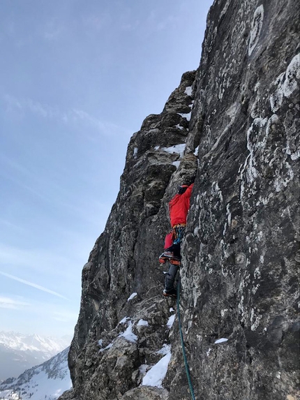 Rochers de Gagnières, Dent du Midi, Chablais Alps - Simon Chatelan and Nicolas Jaquet making the first ascent of Fury Road up Rochers de Gagnières, Chablais Alps, on 25/01/2020