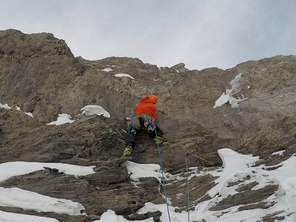 Rochers de Gagnières, Dent du Midi, Chablais Alps - Simon Chatelan and Nicolas Jaquet making the first ascent of Fury Road up Rochers de Gagnières, Chablais Alps, on 25/01/2020