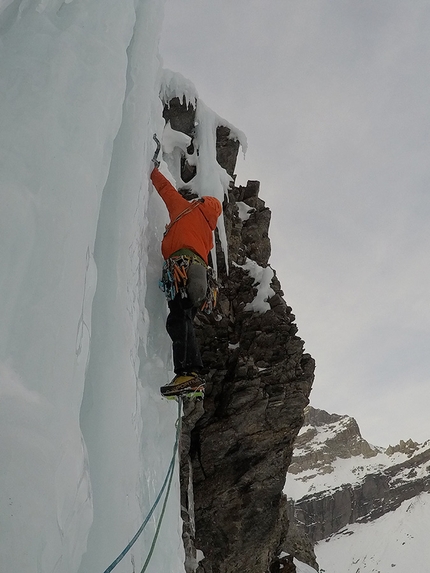 Rochers de Gagnières, Dent du Midi, Chablais Alps - Simon Chatelan and Nicolas Jaquet making the first ascent of Fury Road up Rochers de Gagnières, Chablais Alps, on 25/01/2020