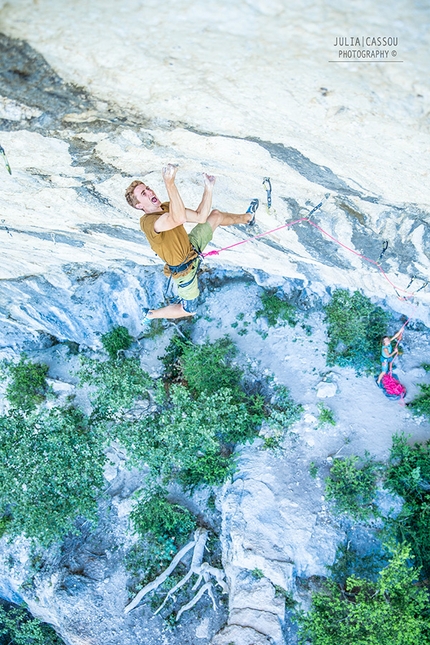 Seb Bouin climbing La Rage D'Adam in Verdon Gorge