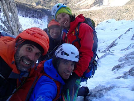 Rocchetta Alta di Bosconero, Zoldo Dolomites, Santiago Padrós, Diego Toigo - Madre Tierra up Rocchetta Alta di Bosconero, Zoldo Dolomites: the first attempt team Giovanni Andriano, Ruggero Arena, Diego Toigo and Santiago Padrós