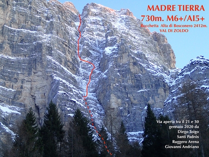 Rocchetta Alta di Bosconero, Dolomiti di Zoldo, Santiago Padrós, Diego Toigo - Il tracciato di Madre Tierra alla Rocchetta Alta di Bosconero, Dolomiti di Zoldo