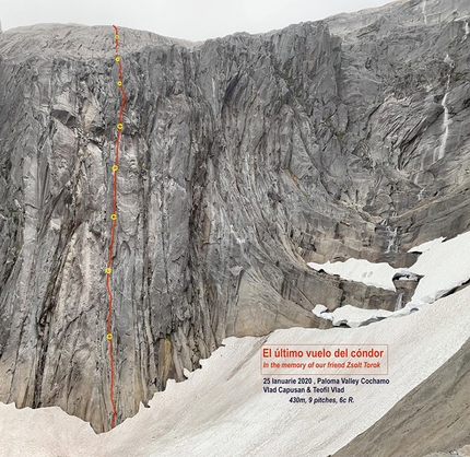 Cochamó Valley climbing Chile - The topo of El ultimo Vuelo del Condor, Valle Cochamó, Chile (Vlad Capusan, Teofil Vlad 25/01/2020)