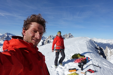Zsigmondykopf, Elferkofel, Dolomites - Hannes Pfeifhofer and Hannes Egarter making the first ascent of Zsigmondycouloir on Zsigmondykopf, Elferkofel, Dolomites, 15/01/2020