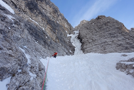Zsigmondykopf, Elferkofel, Dolomites - Making the first ascent of Zsigmondycouloir on Zsigmondykopf, Elferkofel, Dolomites (Hannes Egarter, Hannes Pfeifhofer 15/01/2020)