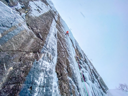 Ice climbing in Norway, Greg Boswell, Jeff Mercier - Greg Boswell establishing Taking it Home, Lofoten, Norway