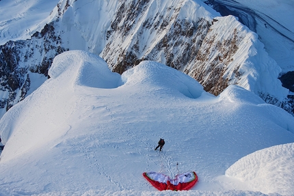 Fabian Buhl Cerro Torre paraglider - Cerro Torre & Fabian Buhl: preparing for the take off. 'Honestly, I don’t know if I’d have done it with more experience, starting with a tailwind is always a bad idea.'