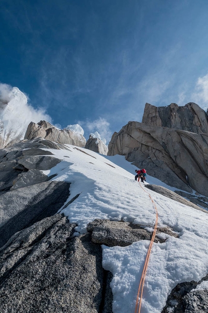 Nicolas Favresse, Sean Villanueva, Cerro Standhardt, Patagonia - Nico Favresse and Sean Villanueva making the first ascent of El Flechazo on Cerro Standhardt in Patagonia