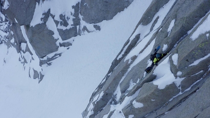 Aiguille du Peigne, Mont Blanc - Yannick Boissenot climbing prior to the first descent of the Boeuf - Sara couloir on Aiguille du Peigne, Mont Blanc on 09/02/2020