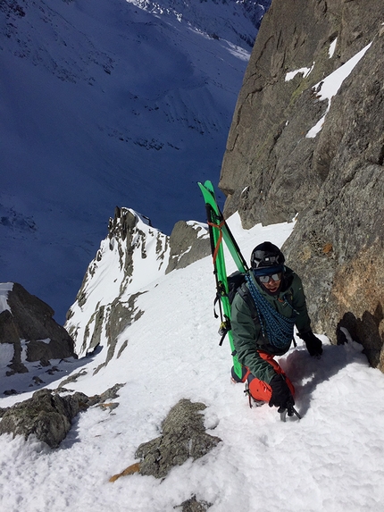 Aiguille du Peigne, Mont Blanc - Julien Herry and Yannick Boissenot making the first descent of the Boeuf - Sara couloir on Aiguille du Peigne, Mont Blanc on 09/02/2020