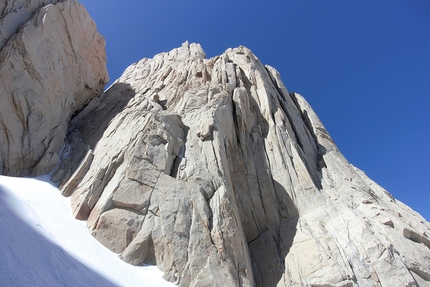 Aguja Poincenot Patagonia, Matteo Bernasconi, Matteo Della Bordella, Matteo Pasquetto - The base of the 40° Ragni di Lecco route on Aguja Poincenot in Patagonia, first ascended in 1986 Mario Panzeri, Paolo Vitali, Marco Della Santa and Daniele Bosisio.