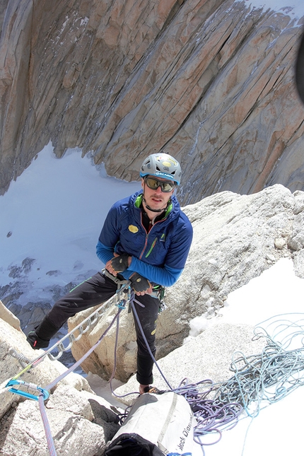 Aguja Poincenot Patagonia, Matteo Bernasconi, Matteo Della Bordella, Matteo Pasquetto - Matteo Della Bordella at a belay while repeating the 40° Ragni di Lecco route on Aguja Poincenot in Patagonia