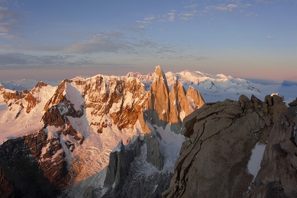 Aguja Poincenot Patagonia, Matteo Bernasconi, Matteo Della Bordella, Matteo Pasquetto - Spectacular view onto Cerro Torre massif while repeating the 40° Ragni di Lecco route on Aguja Poincenot in Patagonia