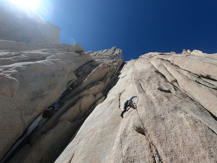 Aguja Poincenot Patagonia, Matteo Bernasconi, Matteo Della Bordella, Matteo Pasquetto - Matteo Della Bordella climbing spectacular rock on the 40° Ragni di Lecco route on Aguja Poincenot in Patagonia