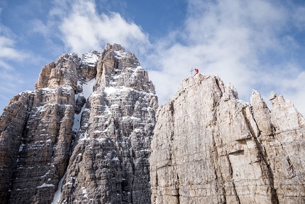 Simon Gietl - Simon Gietl on the summit of Cima Piccola while making the solo winter enchainment of the Tre Cime di Lavaredo, Dolomites