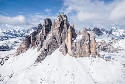 Simon Gietl - Tre Cime di Lavaredo, Dolomites, seen from the south. The photo was taken while Simon Gietl was making his solo winter enchainment of these five summits