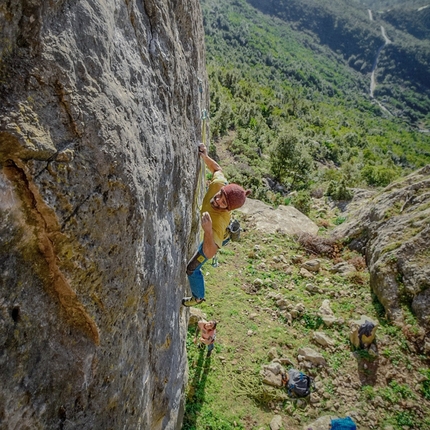 Rock climbing at Lula in Sardinia - Filippo Manca making the first ascent of Pisti Raju 8a at Lula in Sardinia