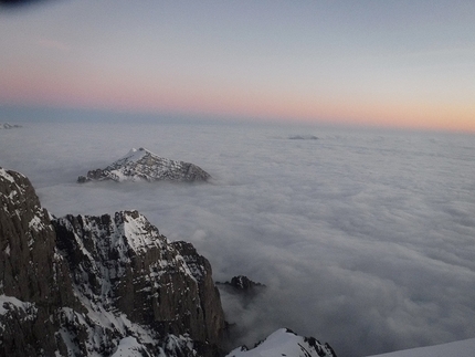 Schiara, Dolomiti Bellunesi - L'apertura di Via Lara, Schiara parete nord, Dolomiti Bellunesi (Franco Benincà, Marino De Colle, Marco Trevisol 02/2020)