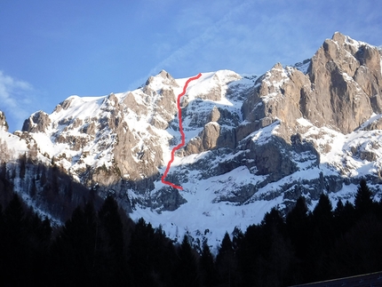 Schiara, Dolomiti Bellunesi - Il tracciato di Via Lara, Schiara parete nord, Dolomiti Bellunesi (Franco Benincà, Marino De Colle, Marco Trevisol 02/2020)