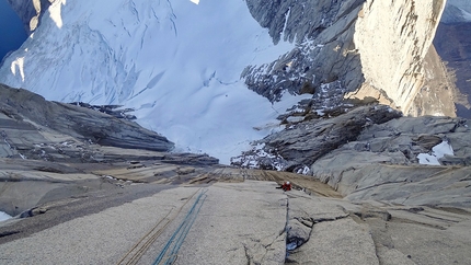 Aguja Saint-Exupéry, Patagonia, Luka Lindič, Luka Krajnc - Mir, Aguja Saint-Exupéry, Patagonia: A view down from the upper part of the wall where it was already clear there is a way to the summit