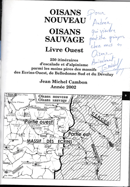 Jean-Michel Cambon - La guida Oisans Nouveau - Oisans Sauvage di Jean-Michel Cambon che dice le moins pire (le meno peggio) e la dedica di Jean-Michel Cambon