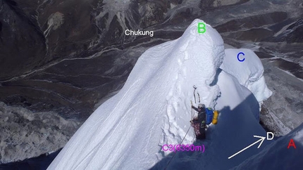 Himalaya ed elisoccorso - Nei pressi del luogo dell'incidente sull'Ama Dablam. D: la direzione in cui si è schiantato l'elicottero dei soccoritori. C: il luogo in cui Hiraide Kazuya è stato salvato l'8 novembre 2010.