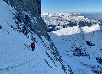Eiger parete Nord, Francesco Rigon, Edoardo Saccaro - Eiger parete Nord: Edoardo Saccaro sul secondo nevaio