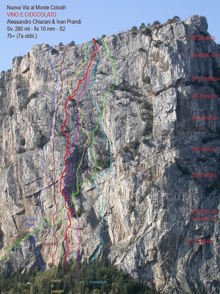 Monte Colodri Arco,  Alessandro Chiarani, Ivan Prandi - Vino e Cioccolato (280m, 7b+ max, 7a+ obblig) al Monte Colodri di Arco, aperta da Alessandro Chiarani e Ivan Prandi.